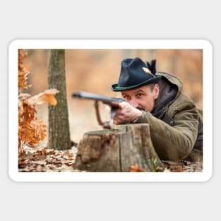 Hunter with gun in the forest Sticker